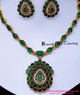 NLC1751 - Latest Kemp Stone Emerald Antique Attigai Necklace