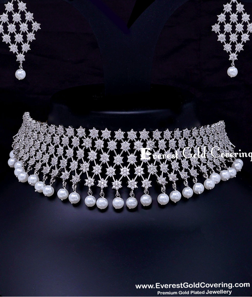Premium Pearl and American Diamond Stone Choker Set