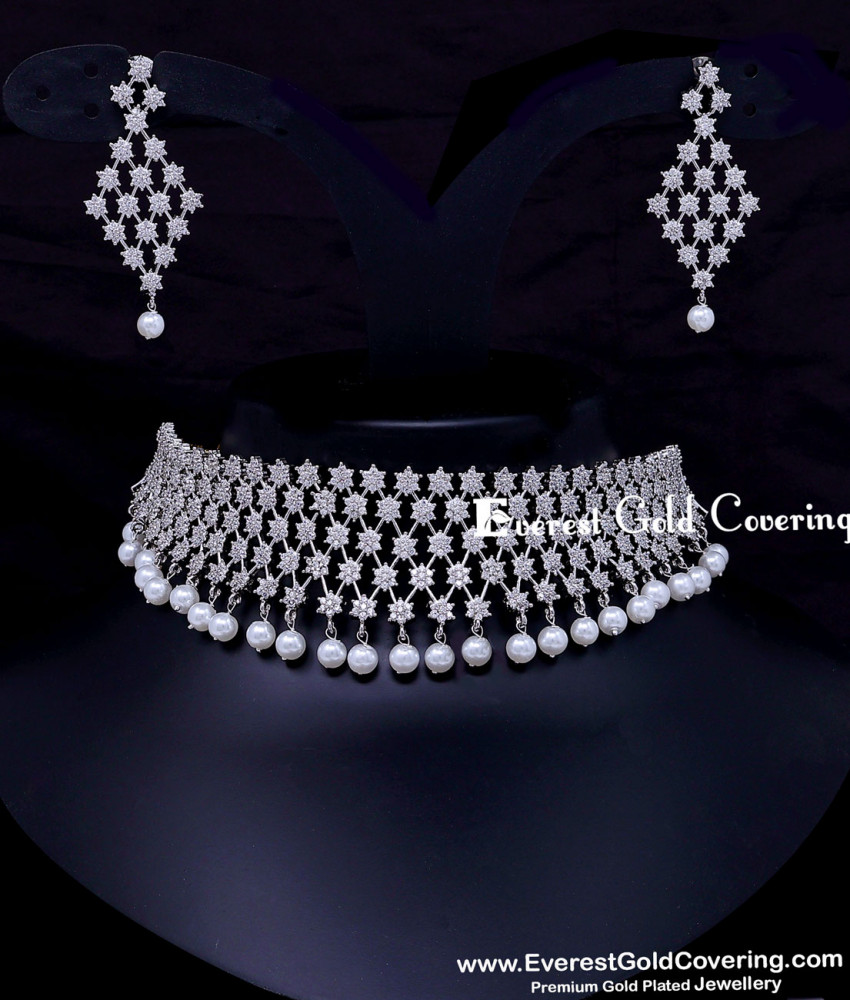 Premium Pearl and American Diamond Stone Choker Set