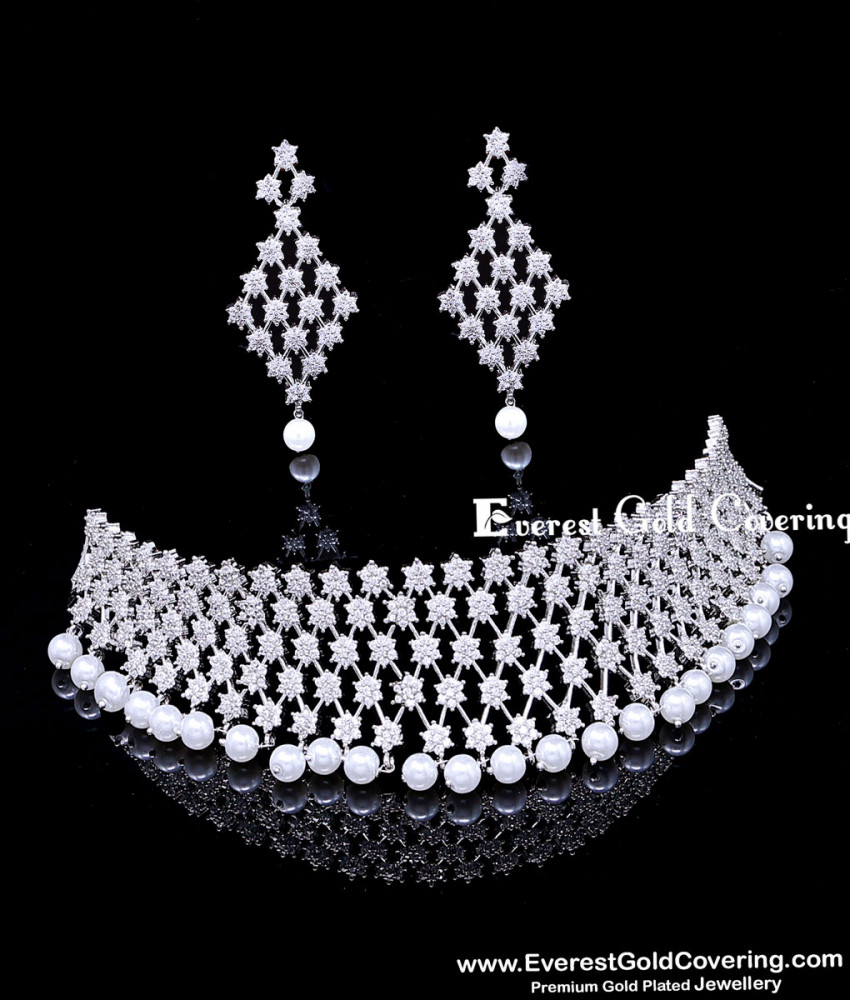 Premium Pearl and American Diamond Stone Choker Set