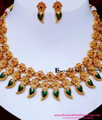 NLC1842 - Antique Flower Design Double Line Palakk Necklace Set