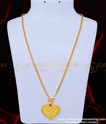 THN57-LG - 30 Inches Pure Gold Plated Daily Use Christian Ruby Stone Cross Heart Pendant Thali Designs