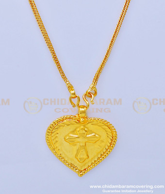 THN56-LG - 30 Inches Pure Gold Plated Daily Use Christian Cross Plain Heart Thali Designs