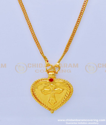 THN57-LG - 30 Inches Pure Gold Plated Daily Use Christian Ruby Stone Cross Heart Pendant Thali Designs