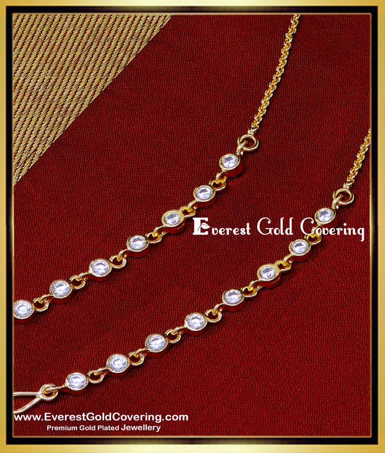 white stone ear chain, Women stone ear chain, Stone ear chain gold, mattal designs online, side mattal designs in gold, gold ear side chains with price, gold ear mattal designs, 2 gram gold ear chain price