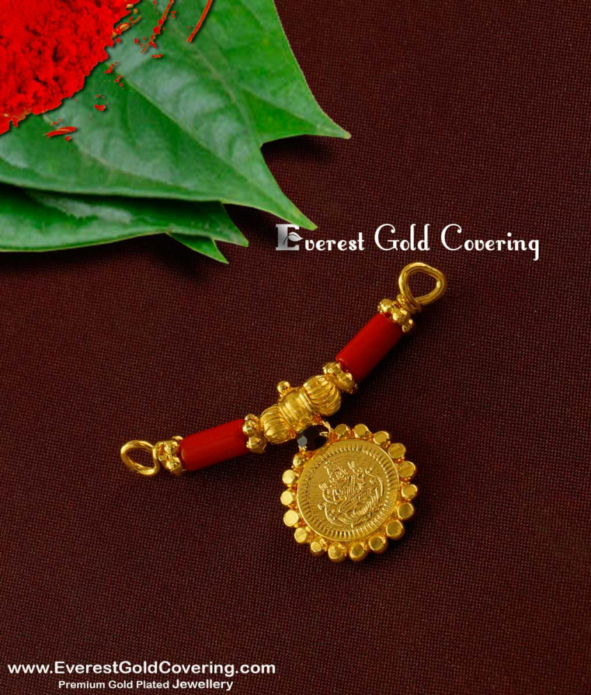 TAL40 - Gold Beads and Coral Lakshmi Coin Mangalsutra for Women | Coral Mangalsutra Online